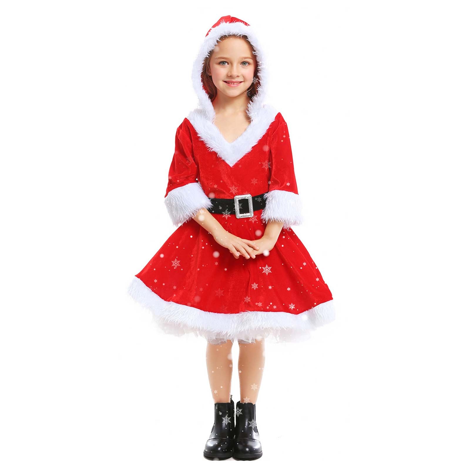 GEZHEN Girls Christmas Mrs. Santa Claus Costume Red Velvet Hoodie Dress Girls Tulle Fall Winter Long Sleeve Hat Holiday Party Dress with Belt 4-14 Years