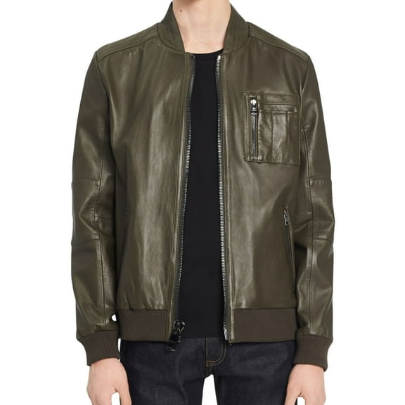 Calvin Klein Mens Genuine Leather Bomber Jacket, Green, X-Small