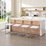 Zesthouse 26 Rattan Counter Height Bar Stools Set of 2, Boucle Upholstered Barstools with Cane Back and Chrome Base, Mid Century Counter Height Chairs for Kitchen Island, White