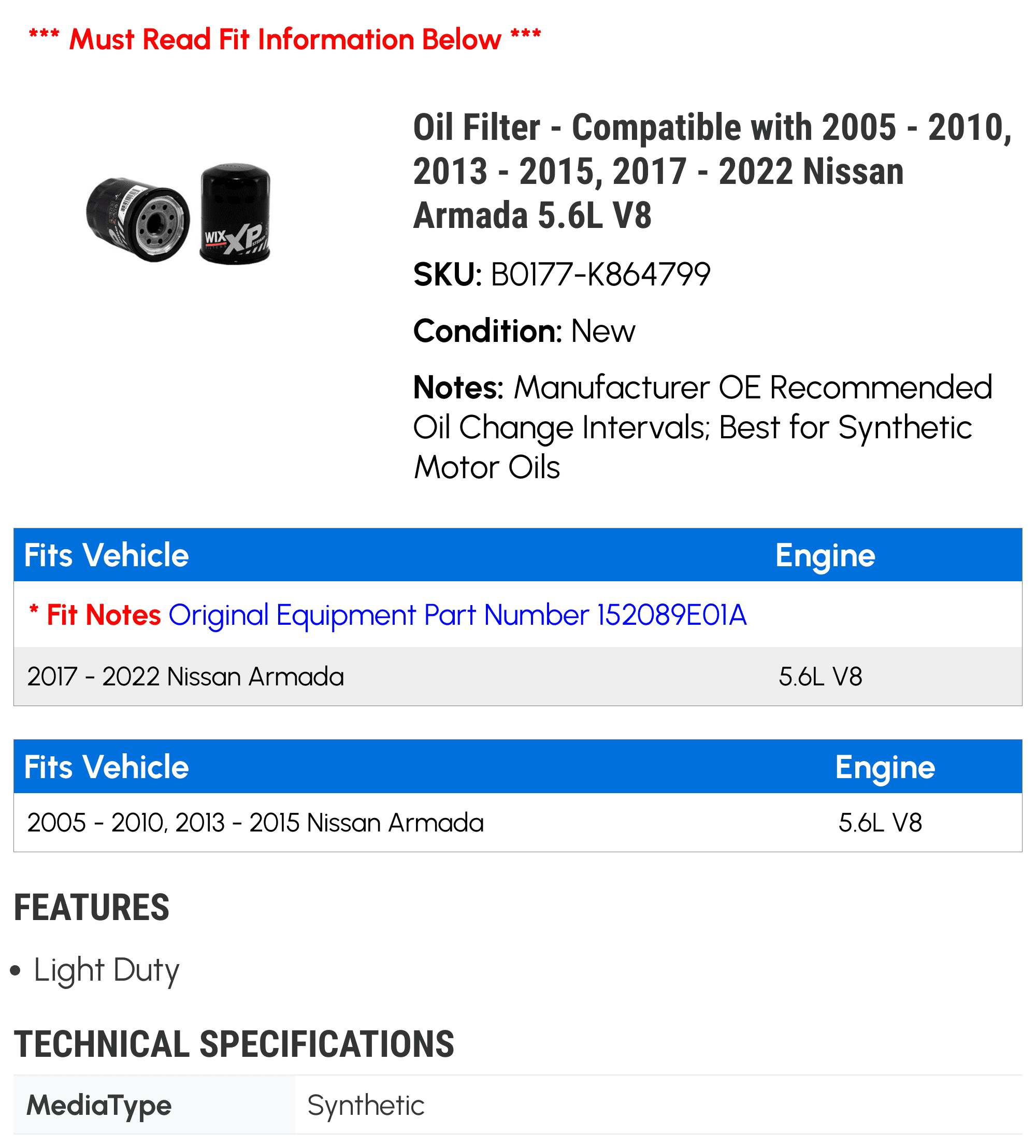 Oil Filter - Compatible with 2005 - 2010, 2013 - 2015, 2017 - 2022 Nissan Armada 5.6L V8 2006 2007 2008 2009 2014 2018 2019 2020 2021