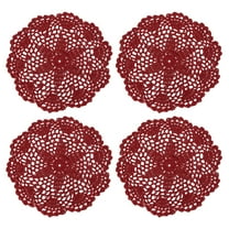 Lace Doilies, 4pcs 8" - Cotton Woven Round Crochet Coaster, Floral Design Fabric Handmade Placemat for Drink Wedding Party Decoration (Wine Red)