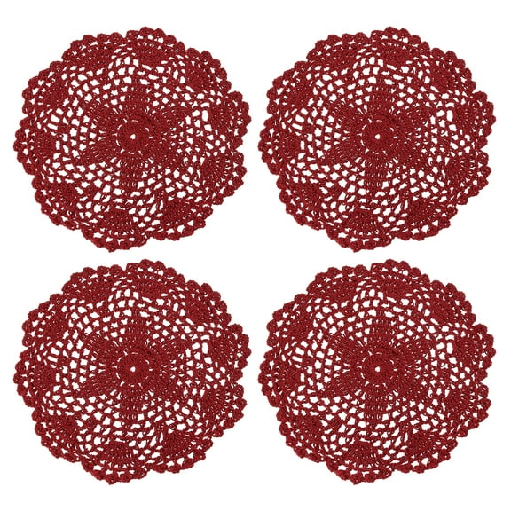 Lace Doilies, 4pcs 8" - Cotton Woven Round Crochet Coaster, Floral Design Fabric Handmade Placemat for Drink Wedding Party Decoration (Wine Red)