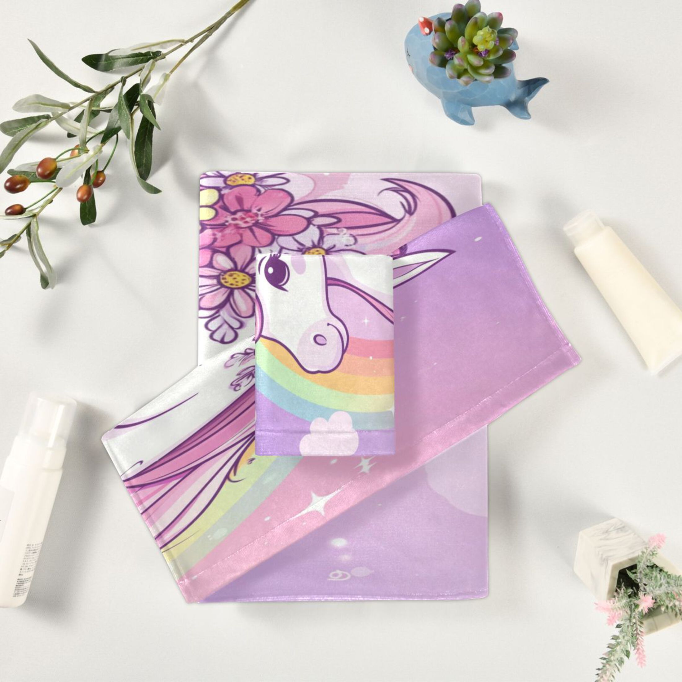 WOBOGO Rainbow Pony Ultra Soft 3 Pack Cotton Towel Set Includes 60 x 30in Bath Towel 28 x 16in Face Towel and 13 x 13in Small Square Towel for Everyday Use Lightweight and Compact