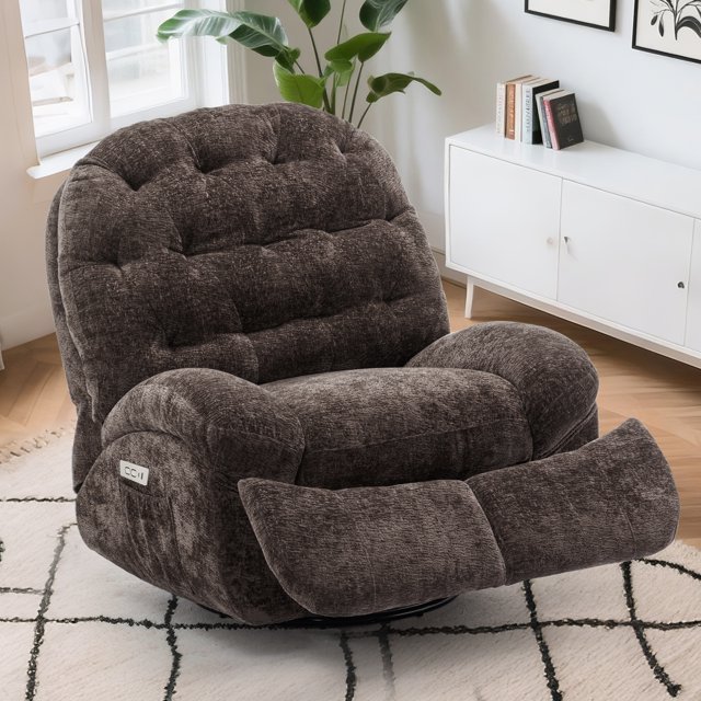 Lnsenfin Oversized Power Swivel Rocker Recliner Chair for Adults Chenille for Living Room,Brown