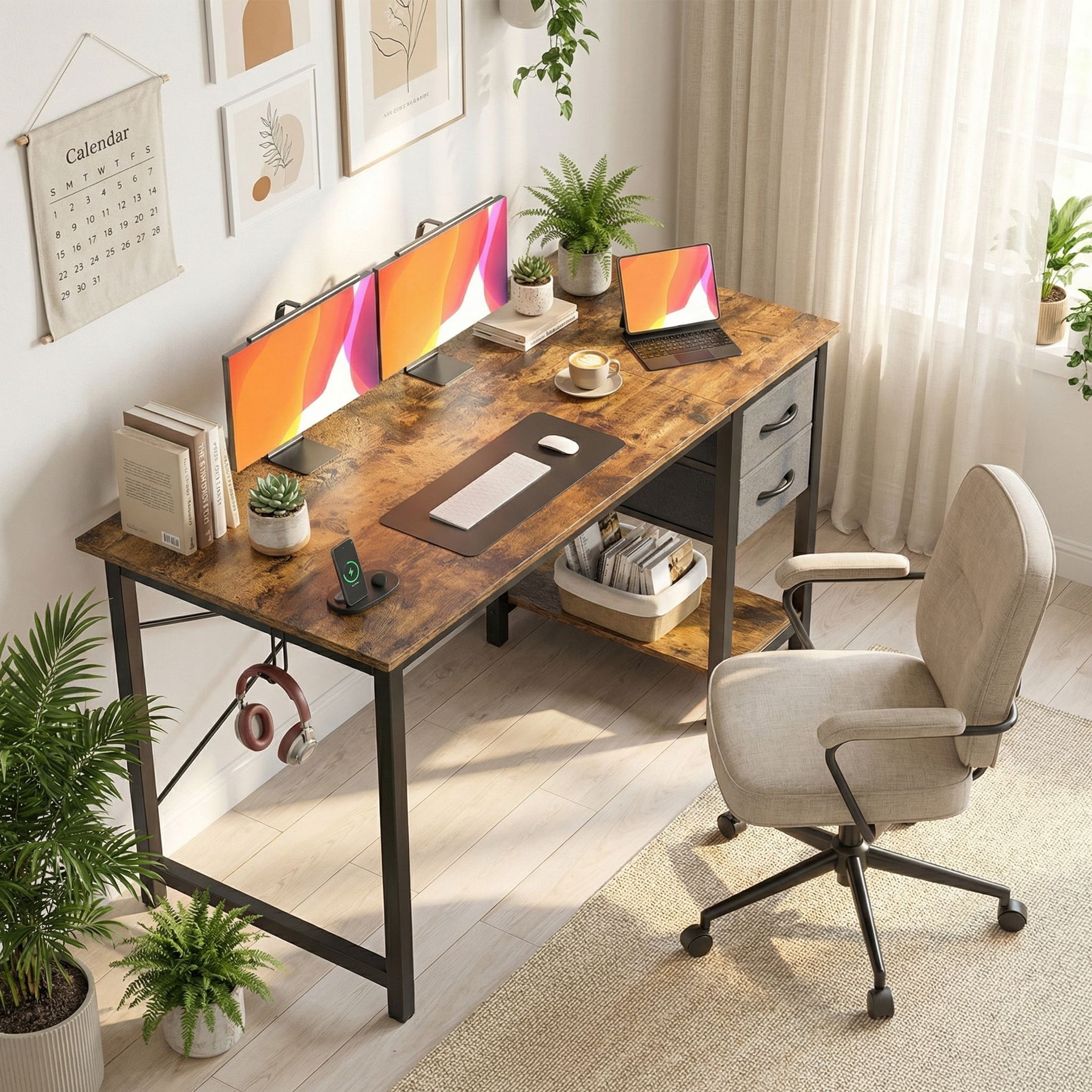 CONCETTA 47in Small Computer Desk with 2 Drawers, Writing Work Study Computer Desk, Side Headphone Hook, Modern Style for Home Bedroom, Rust Brown