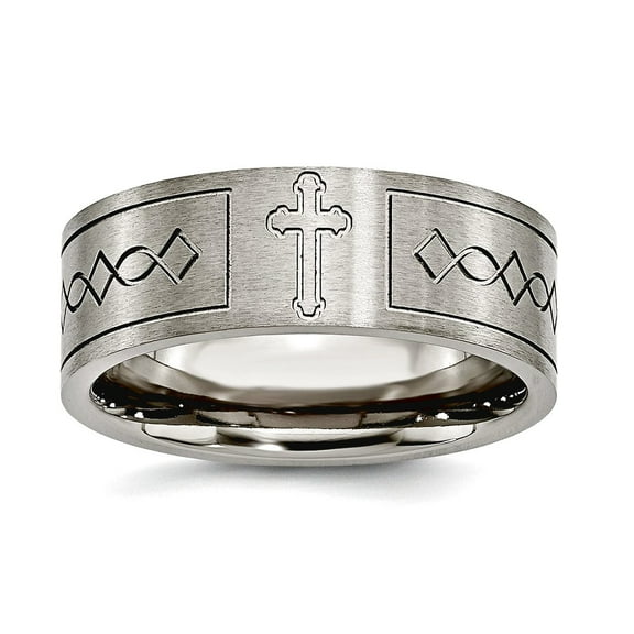 Titanium Brushed Polished Flat Band Religious Faith Cross Design Flat 8mm Satin Band Ring Size 12.5 Ring for Women and M
