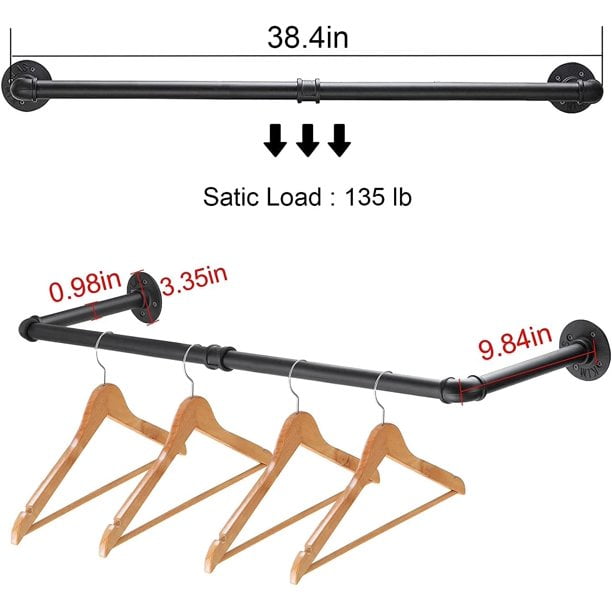 Heavy Duty Industrial Pipe Clothes Rack 38'' L Wall Mounted Garment Rack, Clothes Hanging Rod Bar for Laundry Room