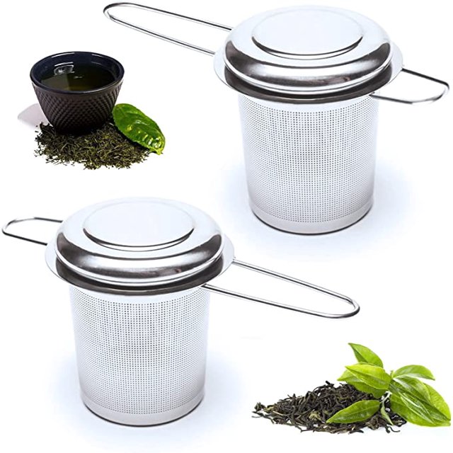 2 filtros de té de acero inoxidable 304 con tapa y dos asas plegables.