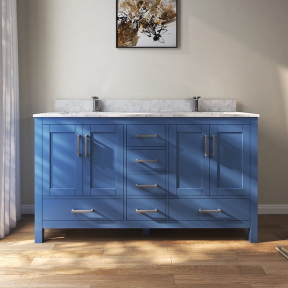 MEDUNJESS 60" Premium Bathroom Vanity with Double Basins Sink & Faucet Hole, Bathroom Storage Vanity Sink Cabinet with 4 Doors ＆ 6 Drawers, Wooden Freestanding Bathroom Cabinet in Blue