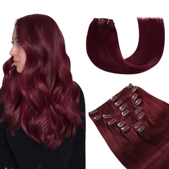 YILITE Hair Extensions Clip in Human Hair 8Pcs 120Gram/Pack Burgundy Silky Remy Human Hair Double Weft Straight Real Hair Extensions Clip ins Thick (18inches #99J Burgundyï¼