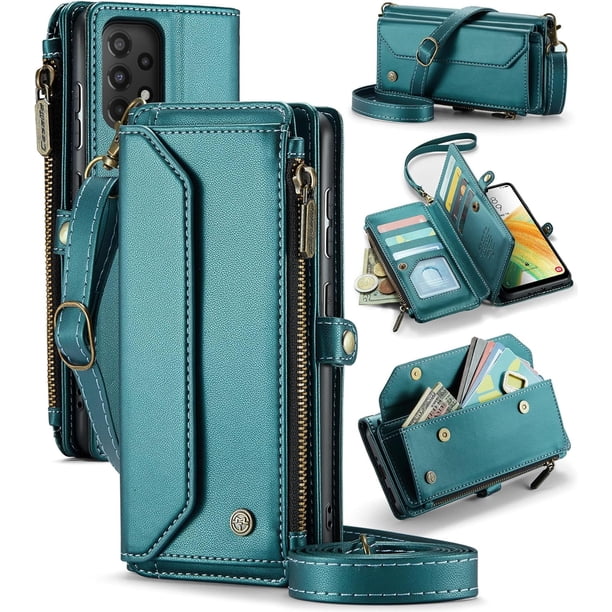 funda billetera para Samsung Galaxy A33 con Protección RFID, Ranuras para tarjetas, Pata de Cabra, Correa Desmontable-Funda para teléfono tipo Bandolera con tapa de Cuero PU a prueba