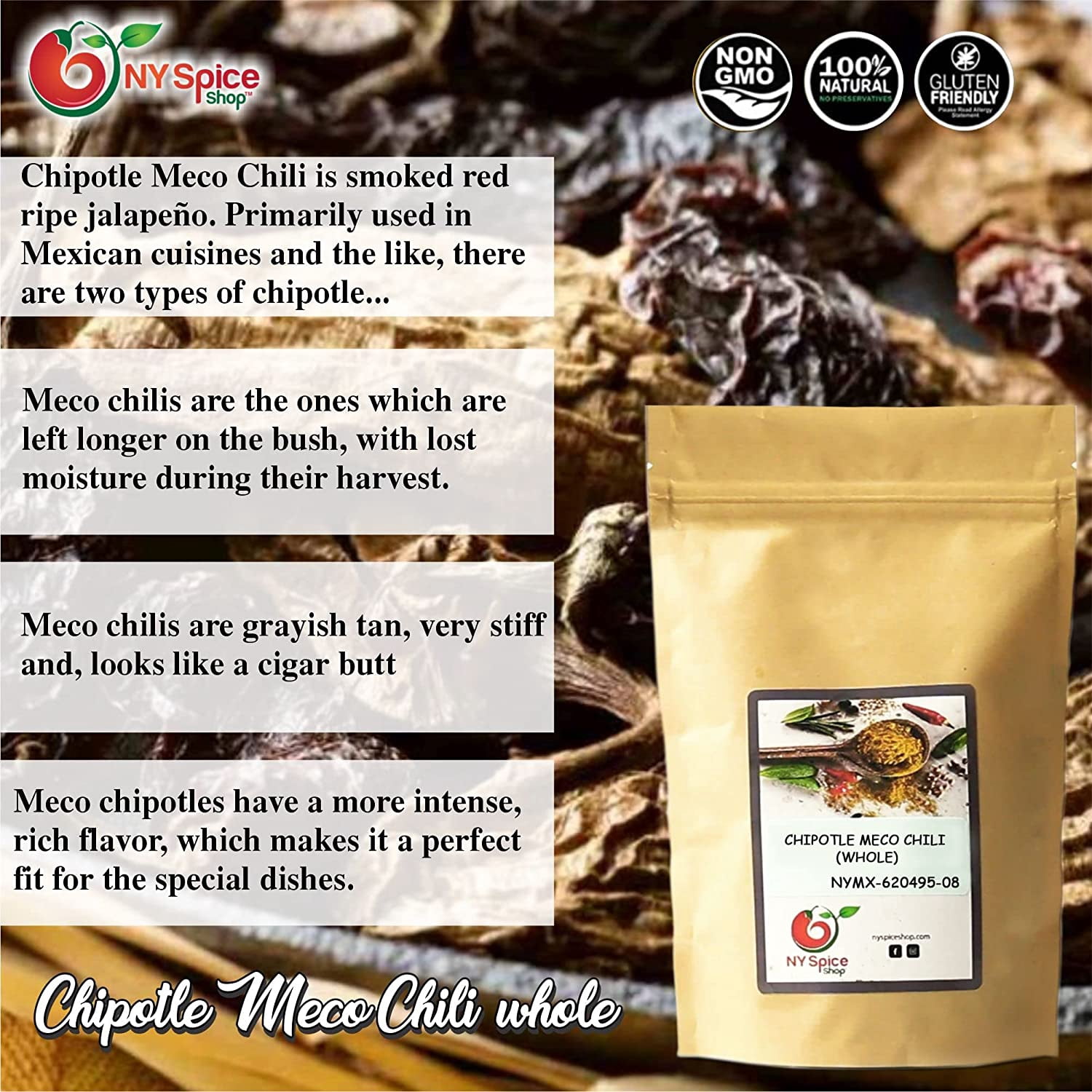 NY SPICE SHOP Chipotle Meco Chili – Dried Whole Meco Chipotle Peppers - Jalapenos Chipotle Chili – 1 lbs