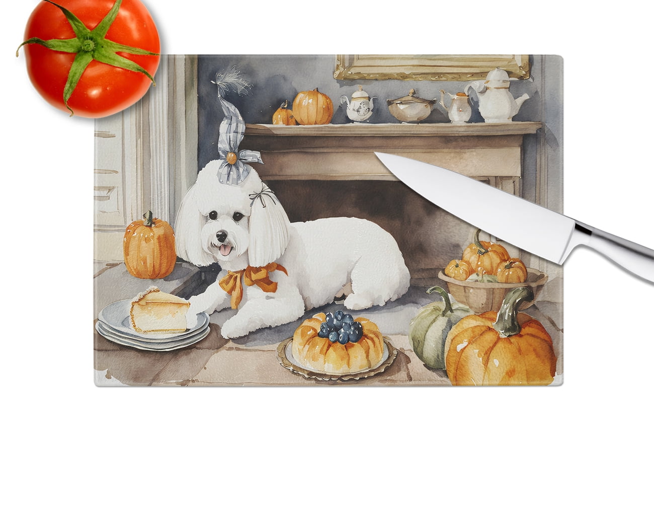 Bichon Frise Fall Kitchen Pumpkins Glass Cutting Board Large 12 in x 15 in