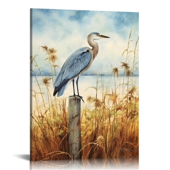 ONETECH Blue Heron Canvas Wall Art Print Coastal Birds Painting Modern Ocean Pictures Artwork for Living Room Bedroom Home Office Bathroom Wall Decor Framed Home Decoration