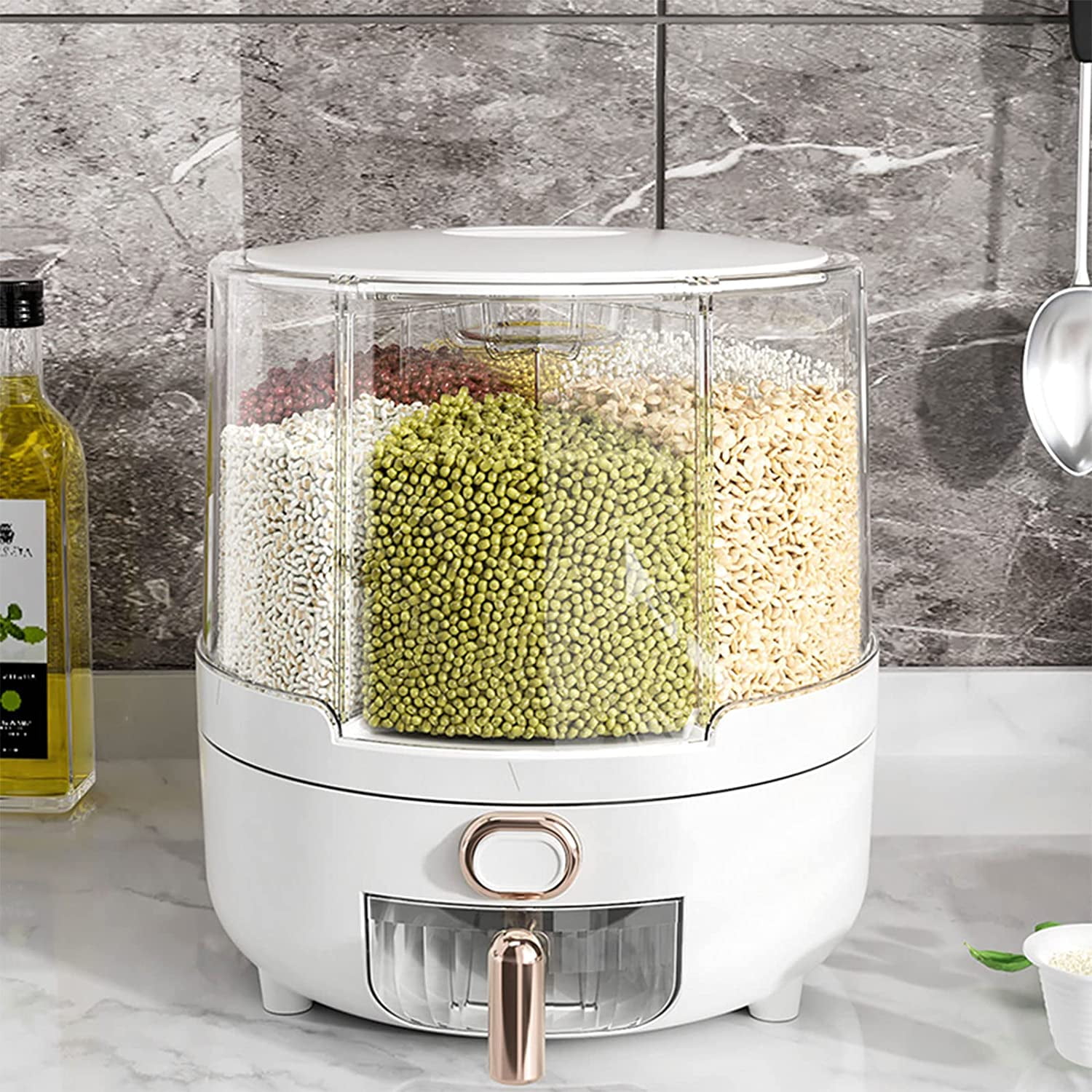 Rice and Grain Storage Container, 360°Rotating Dry Food Dispenser PP Plastic Kitchen Grain