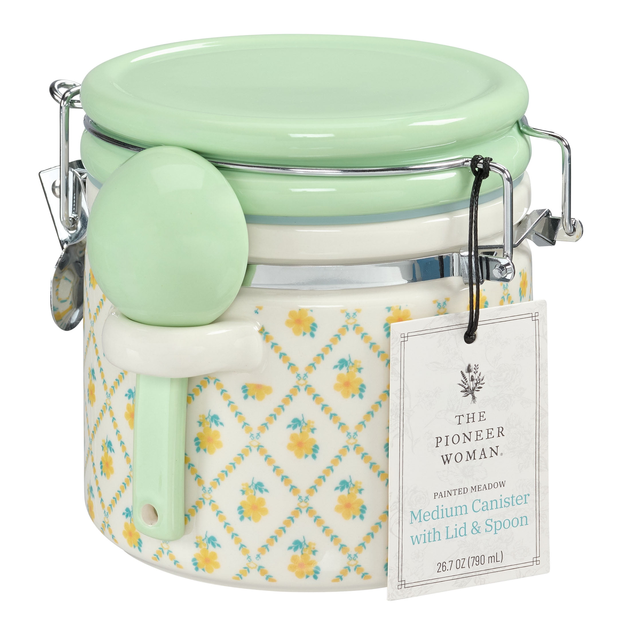 (4 pack) The Pioneer Woman Stoneware Painted Meadow Medium Canister with Lid and Ceramic Spoon, Ideal Use for Pantry Organization and Food Storage