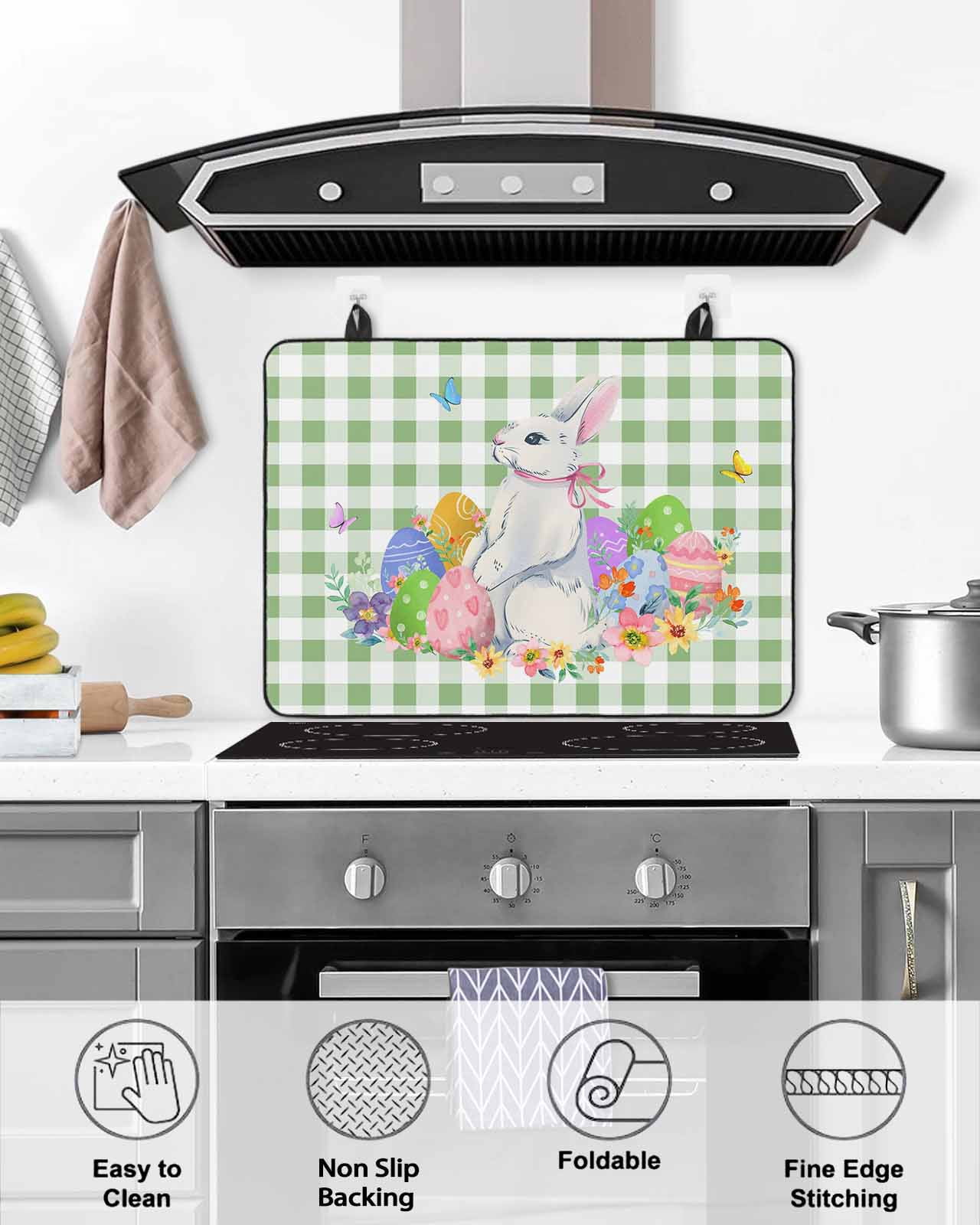 Large Induction Cooktop Protector Mat Easter Stove Top Covers for Electric Stove, Spring Watercolor Bunny Eggs Butterflies Green Plaid Decorative Stove Burner Cover Mats, Glass Top Stove Cover