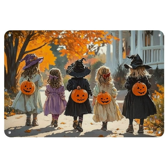 Vintage Halloween Parade Iron Wall Art - 12x8 Inch Metal Tin Sign with Autumn Leaves and Jack-o'-Lanterns - Ideal for Home, Garden, Bar, Cafe, and Festive Decor, Seasonal Home Accent