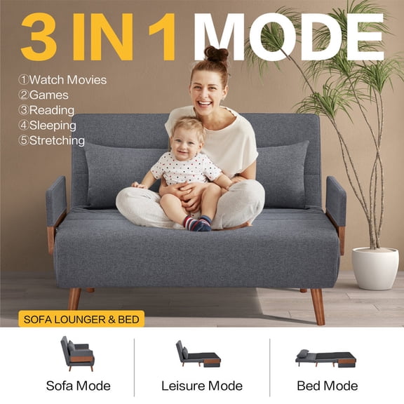 CITTANEO Convertible Sleeper Sofa Bed, 3-in-1 Sleeper Chair with Adjustable Backrest & Pillow, Small Loveseat Sofa Bed for Living Room, Apartment,Dark Gray