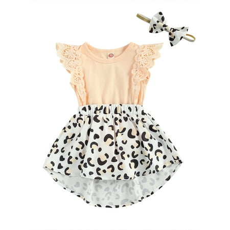 

jaweiw Children Girls Romper Dresses O-neck Leopard/Fish Scales Print Skirt Splicing Bodysuit + Bow-knot Headband