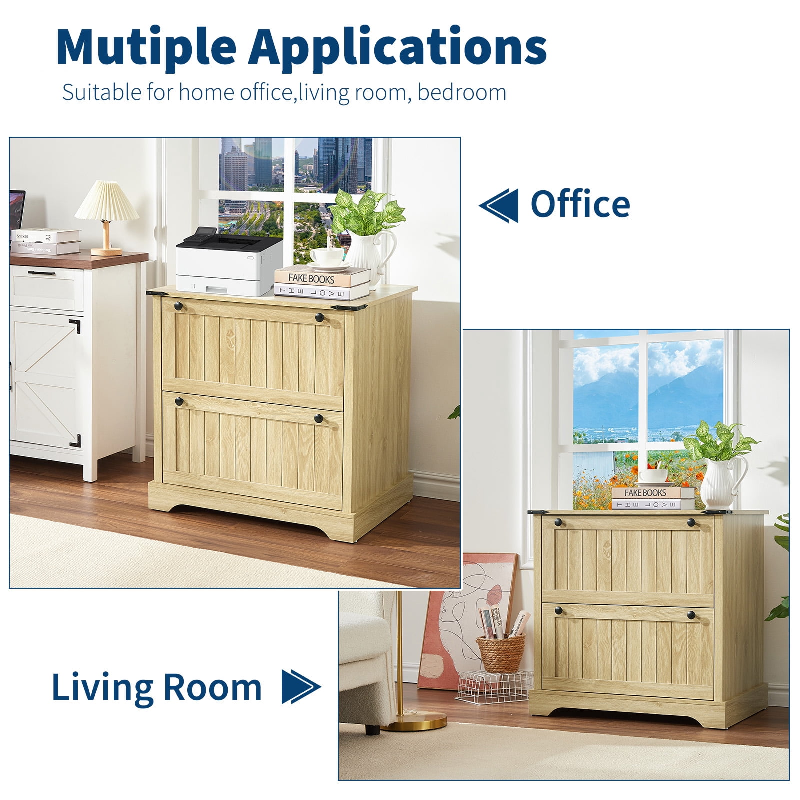 2 Drawer Farmhouse File Cabinet with Hanging File Folders for A4/Letter/Legal Size Documents ,30" Wood Lateral Filing Cabinet for Home Office,Large File Storage Printer Stand