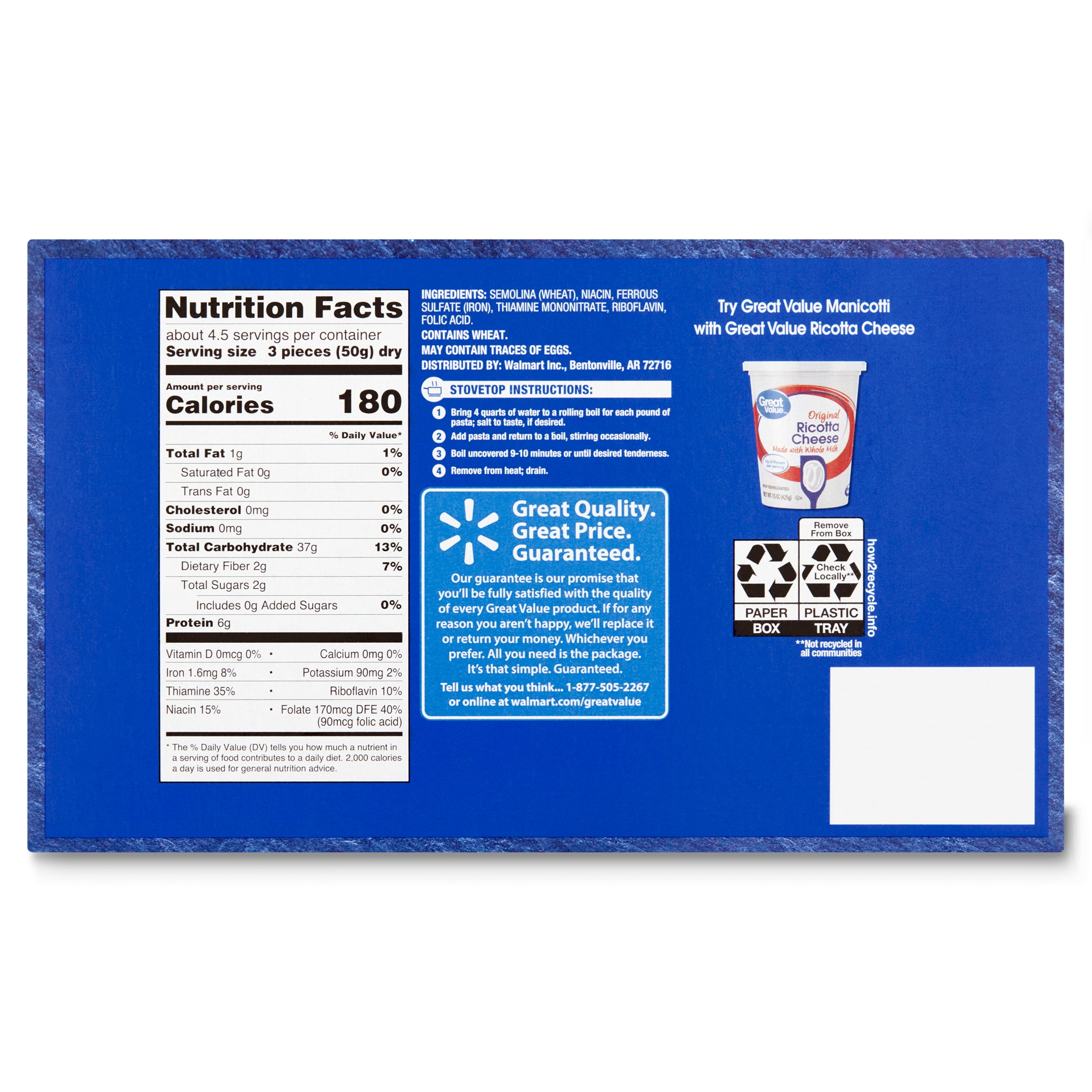 (4 pack) Great Value Manicotti, 8 oz