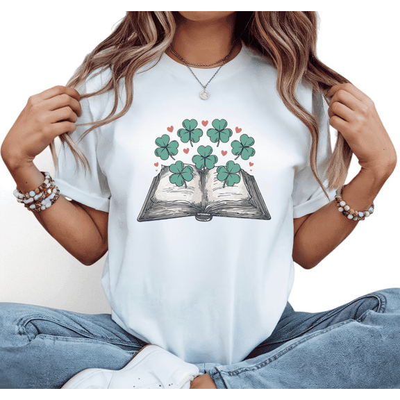 White Print Tshirt Graphic Tees St Patricks Day Open Book Four Leaf Clover Shirts S-5XL Casual Tops