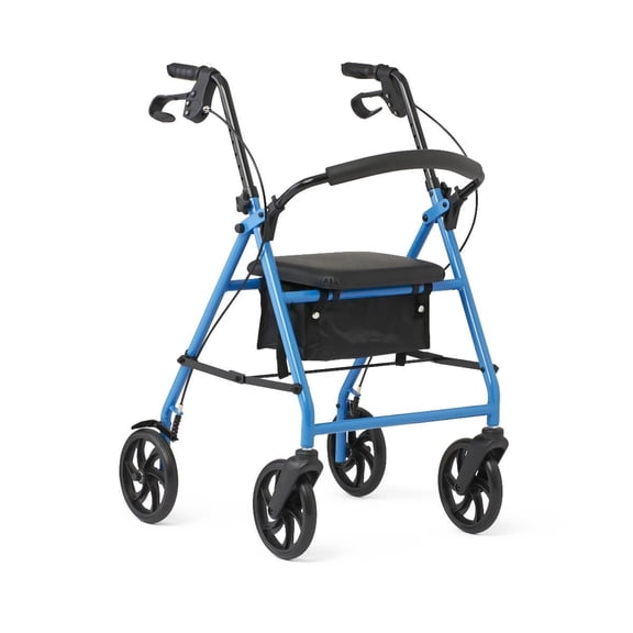 Medline Rolling Walker, Folding Rollator with Seat and 8-In Wheels, Light Blue, 300-lb Capacity, Steel