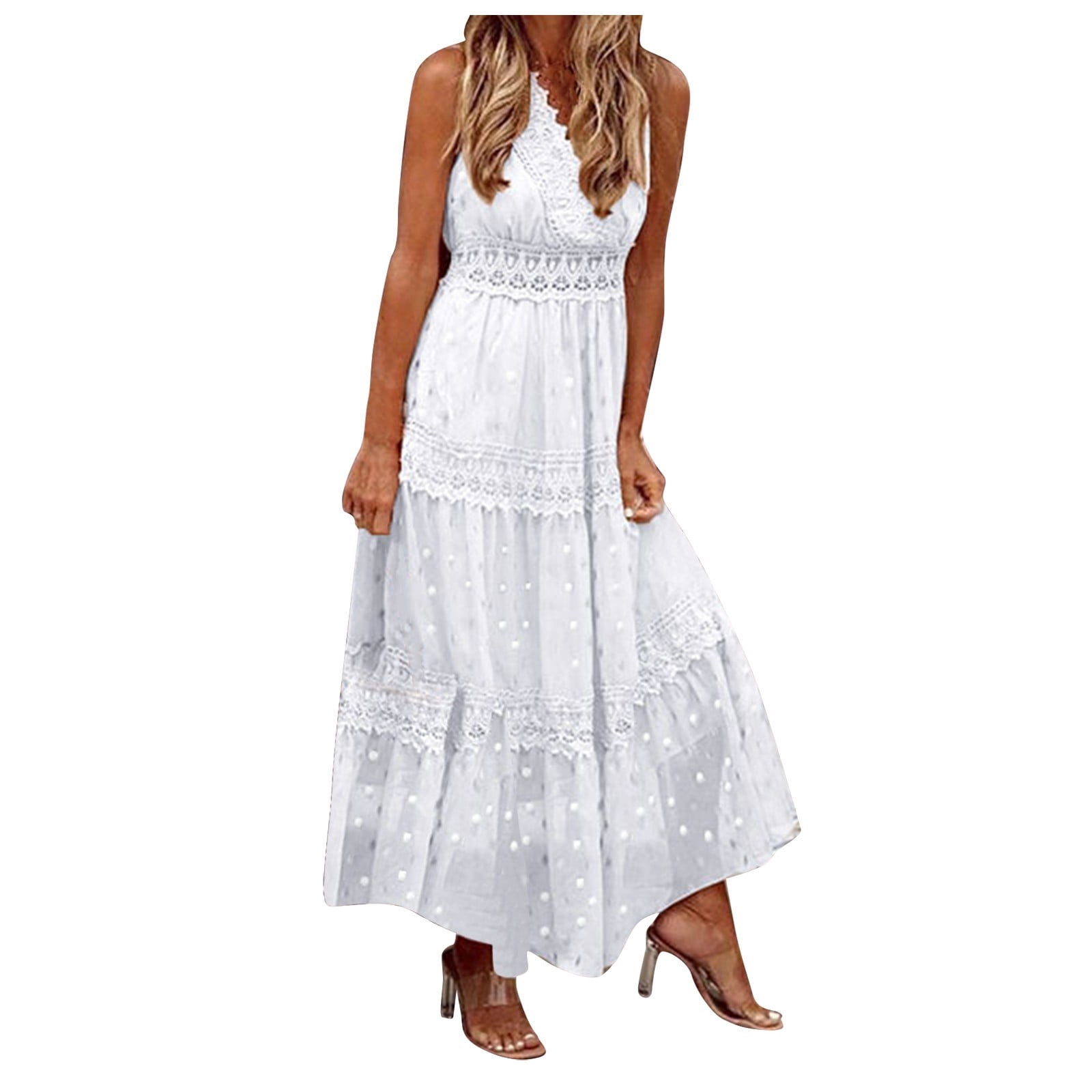 Ierhent Casual Dresses for Women Women Floral Embroidered Dress Long Puff Sleeve Square Neck Bohemian Flowy Dress with Pockets(White,XL)