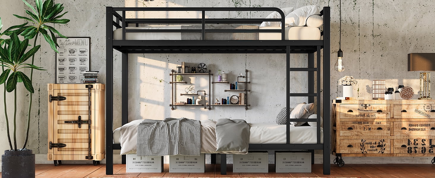 Mintazer Twin Over Twin Metal Bunk Bed with Guardrails, Noise-Free Design & Under-Bed Storage for Teens Adults Bedroom, Black