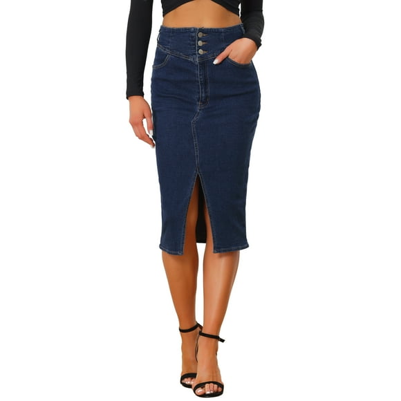 INSPIRE CHIC Women's Casual Denim High Waist Split Hem Midi Jean Pencil Skirts L Dark Blue