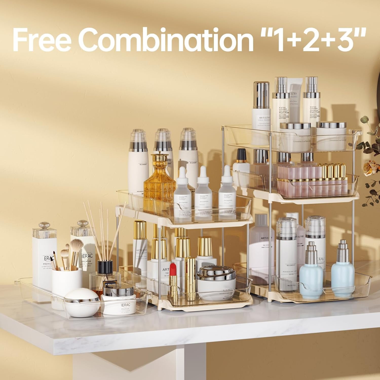 2 Pack 3-Tier Bathroom Under Sink Organizers and Storage, Multi-Purpose Stackable Pantry Organization and Storage, Pull Out Clear Kitchen Bathroom Cabinet Organizer with Movable Dividers, Beige