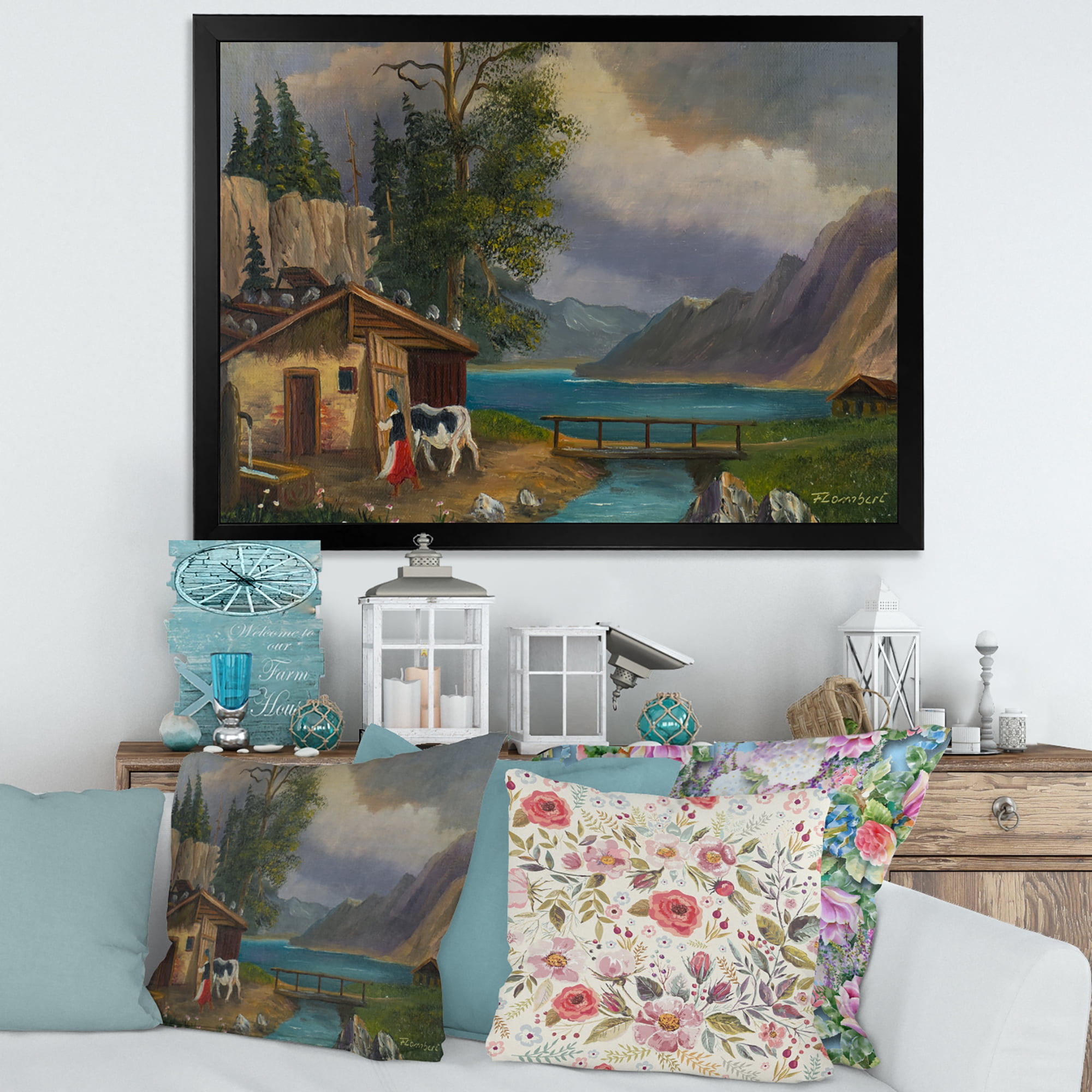 Designart 'Girl Brings The Cow Into The Stable At A Lake' Farmhouse Framed Art Print