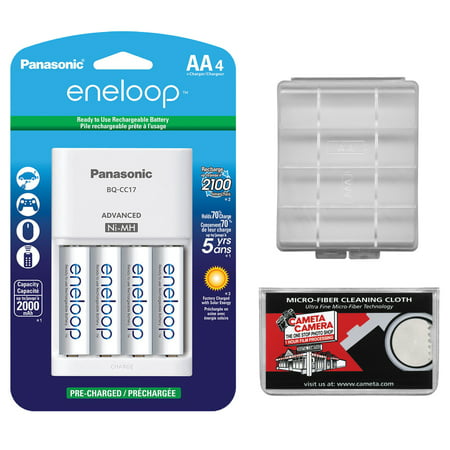 Panasonic eneloop (4) AA 2000mAh Pre-Charged NiMH Rechargeable Batteries & Charger with AA Battery Case + Microfiber Cleaning