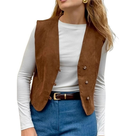 Women'S Retro Suede Vest Autumn Casual V-Neck Workwear Jacket Sleeveless Button Down V-Neck Vests Brown L