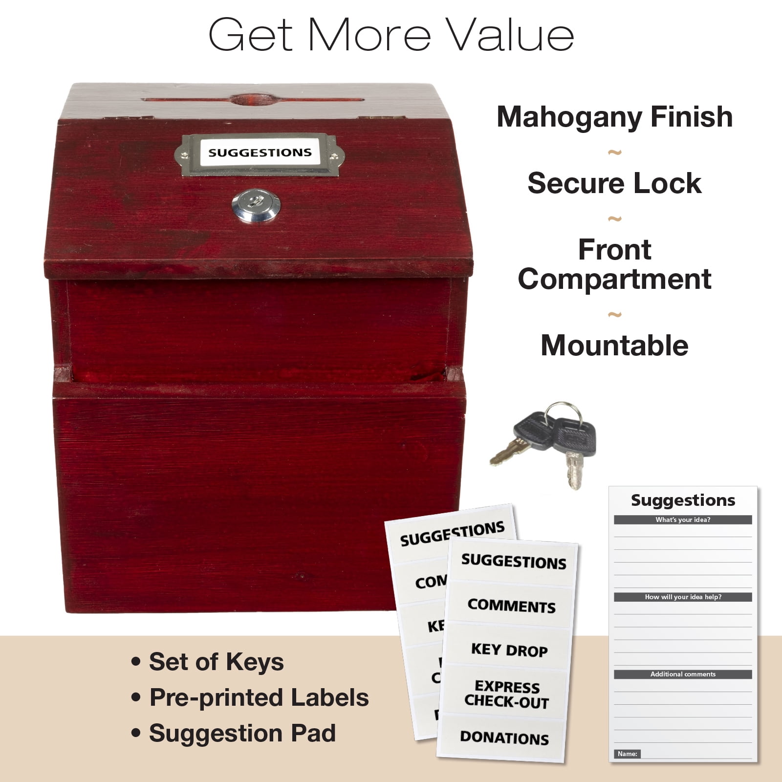 Excello Global Products Red Mahogany Suggestion Box with Lock: Wooden Ballot Comment Box, Wall Mounted or Freestanding. Includes Printed Labels & Suggestion Pads Cards - EGP-HD-0290