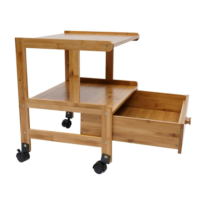 2 Tier Bamboo Printer Stand with File Drawer Printer Cart W Wheels Office Shelf 88lbs Under Desk Rolling Printer Stand