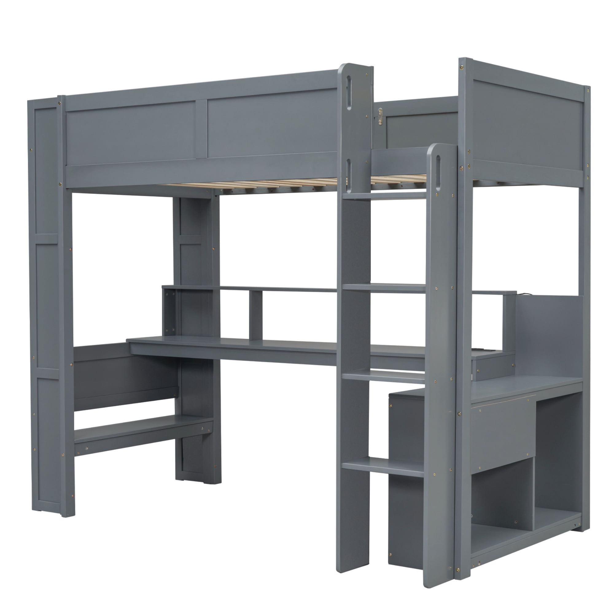Euroco Wood Twin Size Loft Bed Frame, Gaming Bed with Desk and Shelves, USB Charging Station and LED Light for Kids Teens, Dark Gray