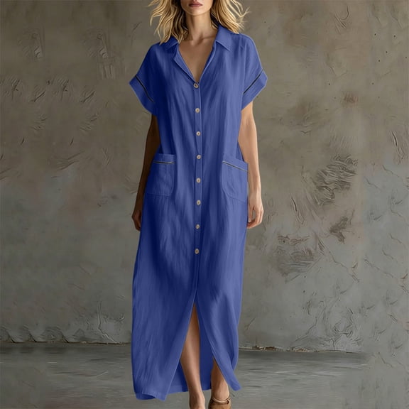 ClodeEU Women's V Neck Short Sleeve Button Down Maxi Dress,Casual Loose Dress with Front Slit Blue,Women's Plus L