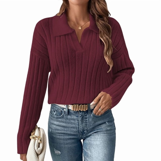 Suéteres de Punto para Mujer, Suéteres de Larga con Cuello en V, Camisetas Casuales, Conjuntos de Moda de Otoño Rojo Oscuro S