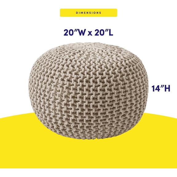 Pouf Ottoman Foot Stuffed – 20 Diameter x 14 Tall Cozy Floor Pouf for Living Room, Bedroom, Nursery & – 100 Cotton Knit Shell, EPS Bead Filled Footrest Accent Chair, Beige