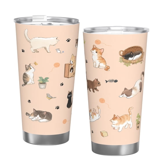 20oz Cute Cartoon Cat Car Tumbler Insulated Travel Cup with Handle and Straw Lid Cat Lover Gift with Single Silver Rim
