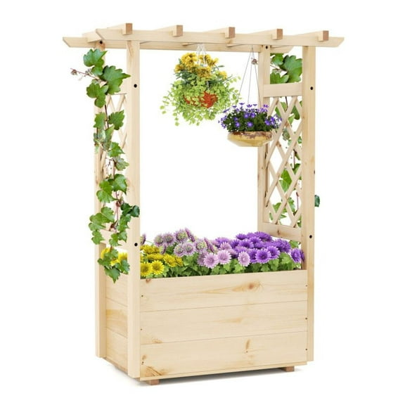 Raised Garden Bed Wooden Elevated Planter Box with Trellis & Roof - 45"x16"x41" Pine Wood Outdoor Planter for Vegetables, Flowers, Herbs - Natural Finish