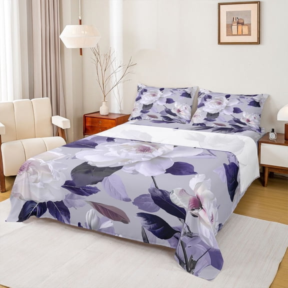jejeloiu Country Floral Twin Sheet Sets,Rustic Botanical Leaf Twin Fitted Sheet,Purple White Flat Sheet For Girls,Microfiber Bedroom Decor,3-Piece