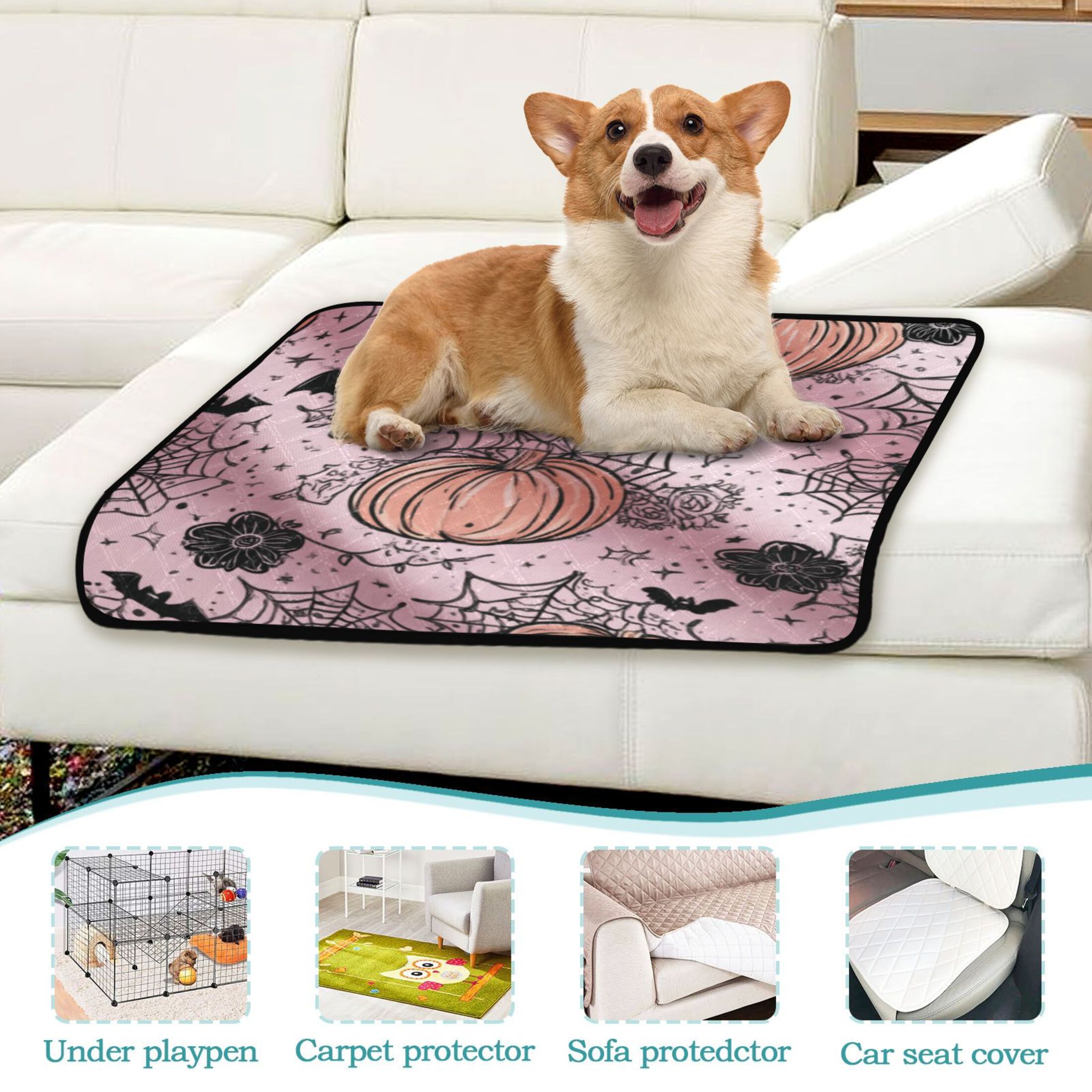 Washable Pet Pee Pads with Super Absorbent Reusable Training Pads for Dogs & Cats Black Flowers and Spider Web