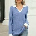 thumbnail image 6 of Holzkary Women's V Neck Sweaters Pullover Color Block Collar Long Sleeves Loose Fit Casaul Lightweight Polo Tunic Tops Shirts Contrast Collared Shirts Ribbed Fall Tops Lightweight Sweaters Blue Xl, 6 of 7