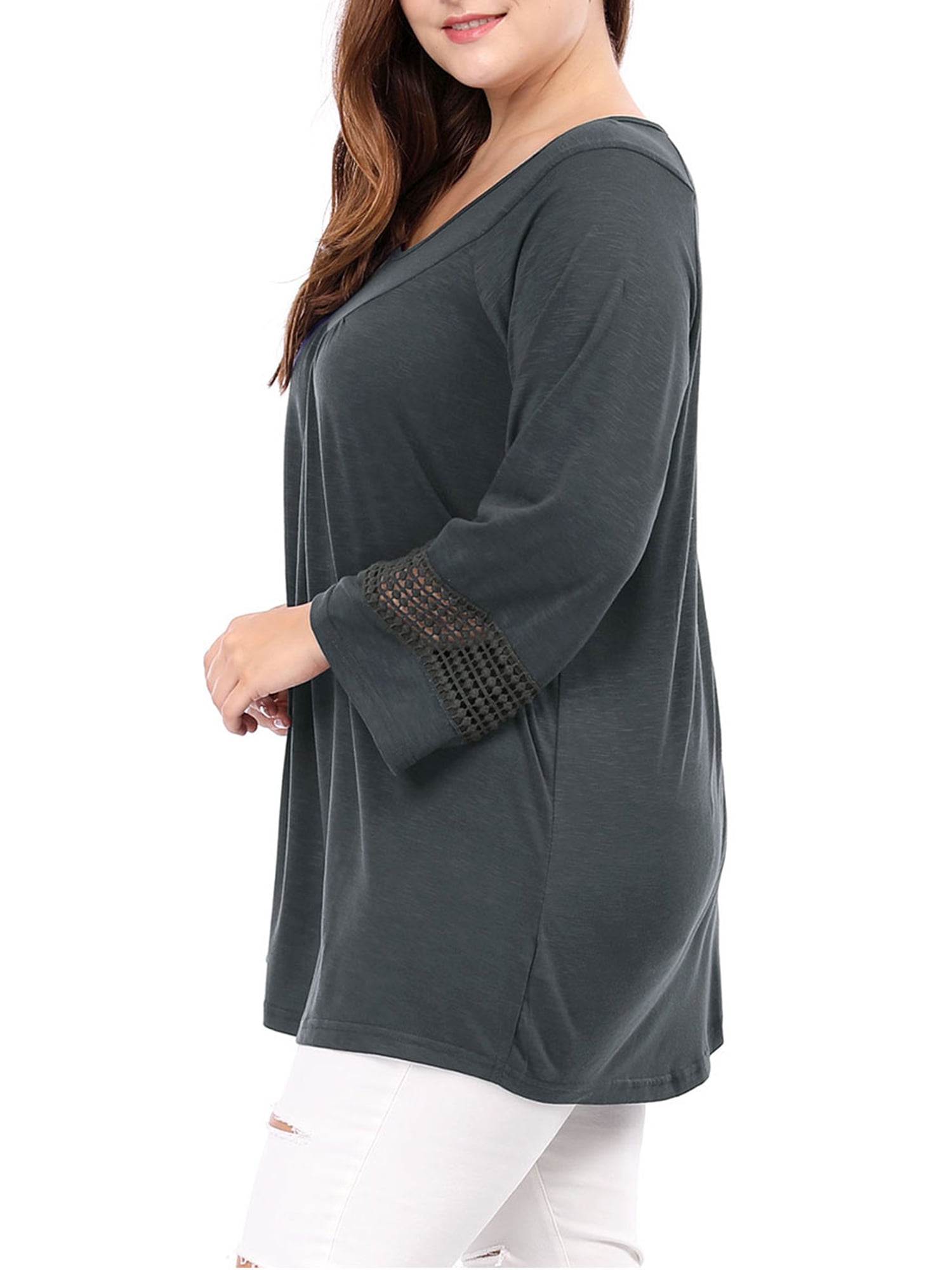 Unique Bargains Juniors' Plus Size Crochet Panel Kimono Raglan Sleeves Ruched Front Top Dark Grey 1X