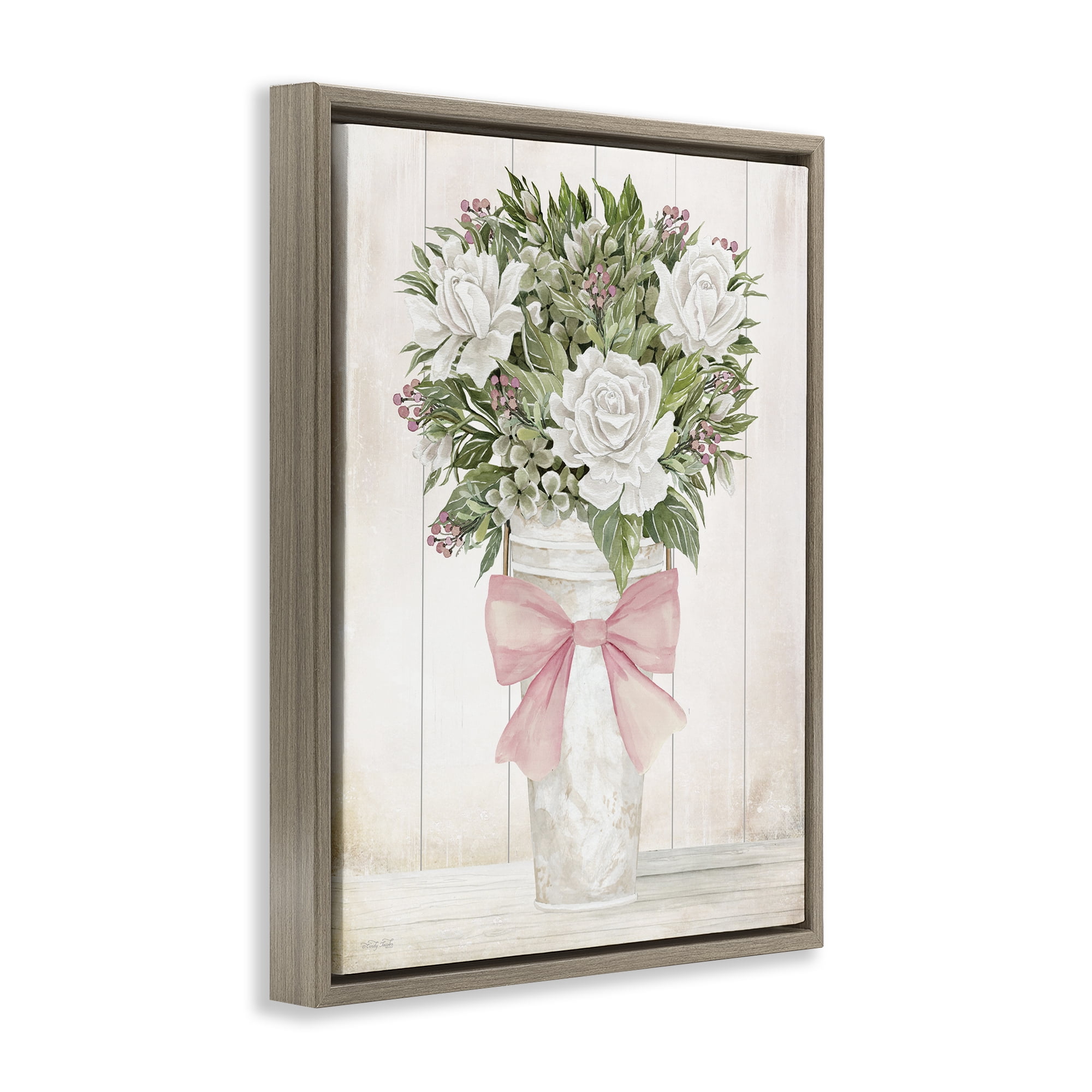 Stupell Industries Pretty In Pink Roses & Bow Brown Framed Floater Canvas Wall Art, design by Cindy Jacobs