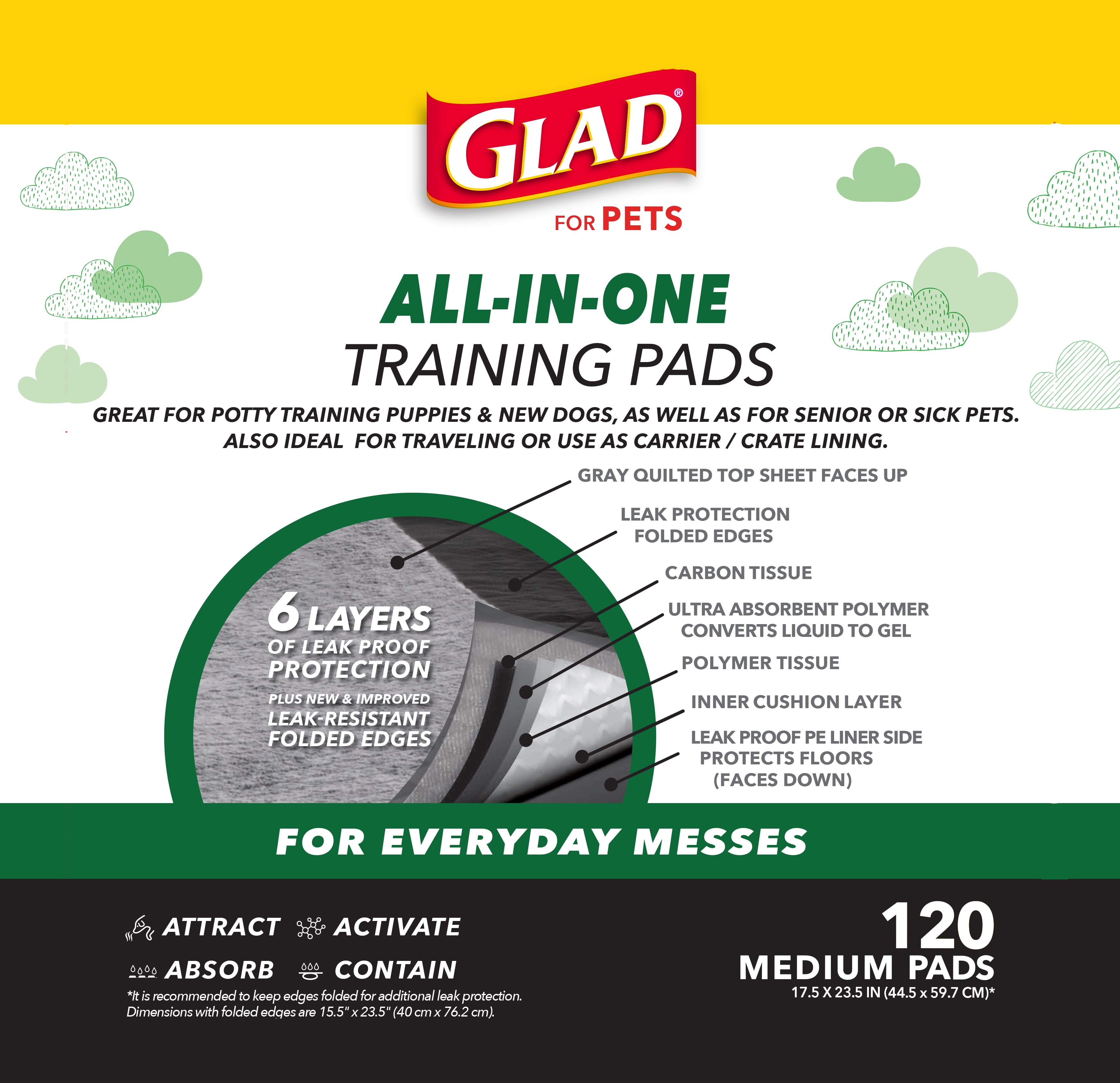 Glad Activated Charcoal Leak-Resistant Training Pads for Dogs, Medium Size, 17.5in x 23.5in, 120 Count