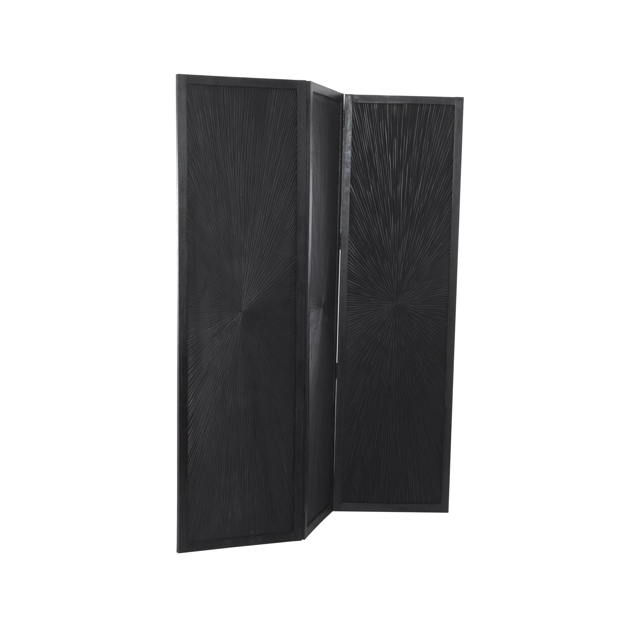 DecMode 59" x 70" Black Mango Wood Foldable Partition 3 Panel Room Divider Screen with Carved Design, 1-Piece